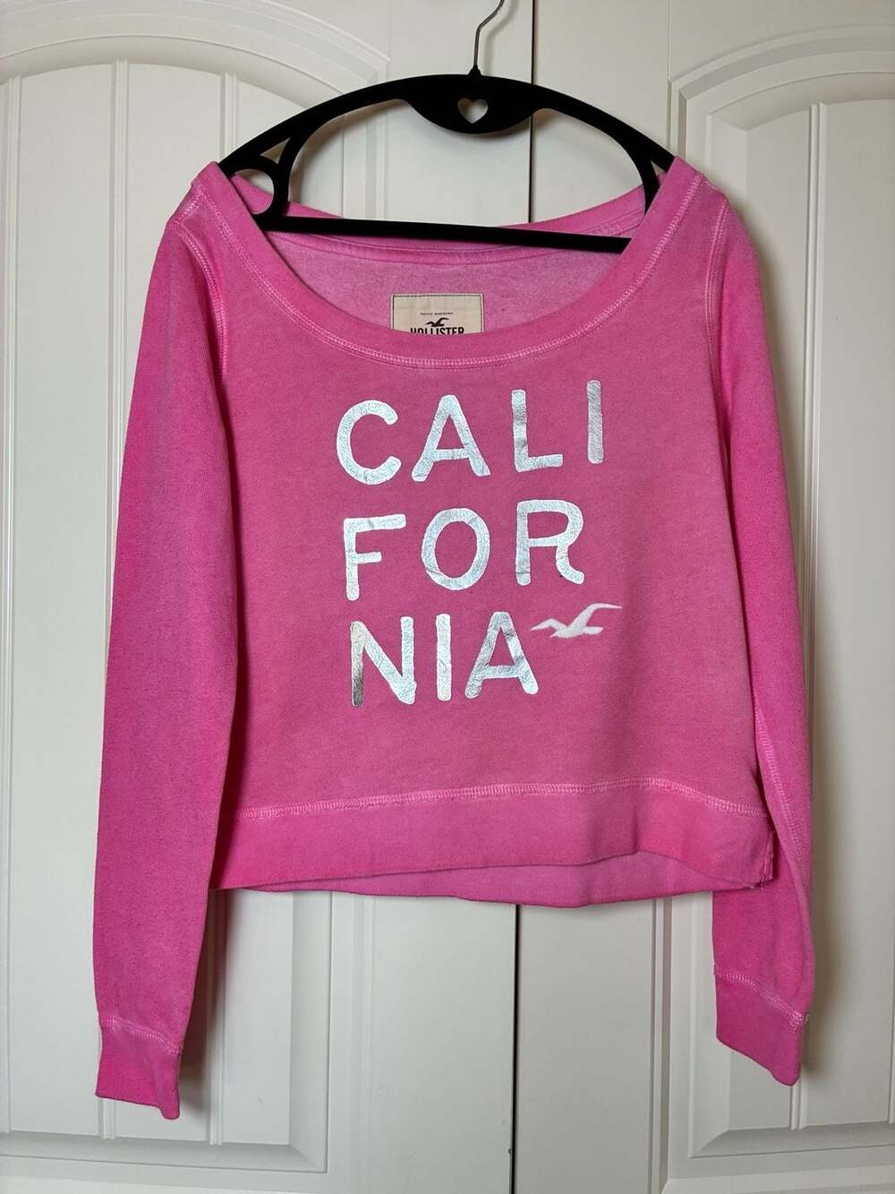 Y2K Hollister California Pink Silver Graphic vintage Crop Sweatshirt XS